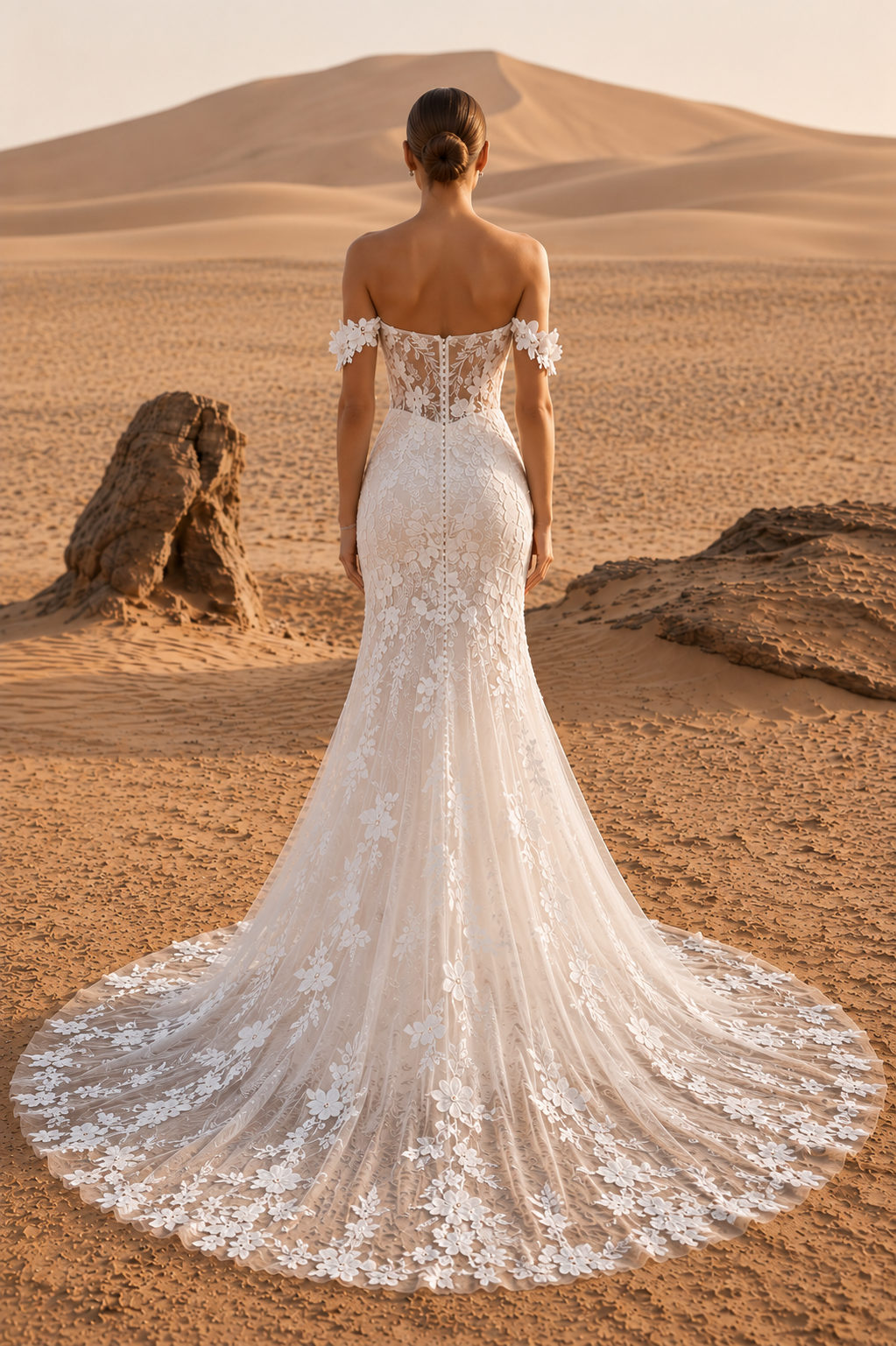 Image of bride in the desert wearing a stunning lace gown with off the shoulder detail.