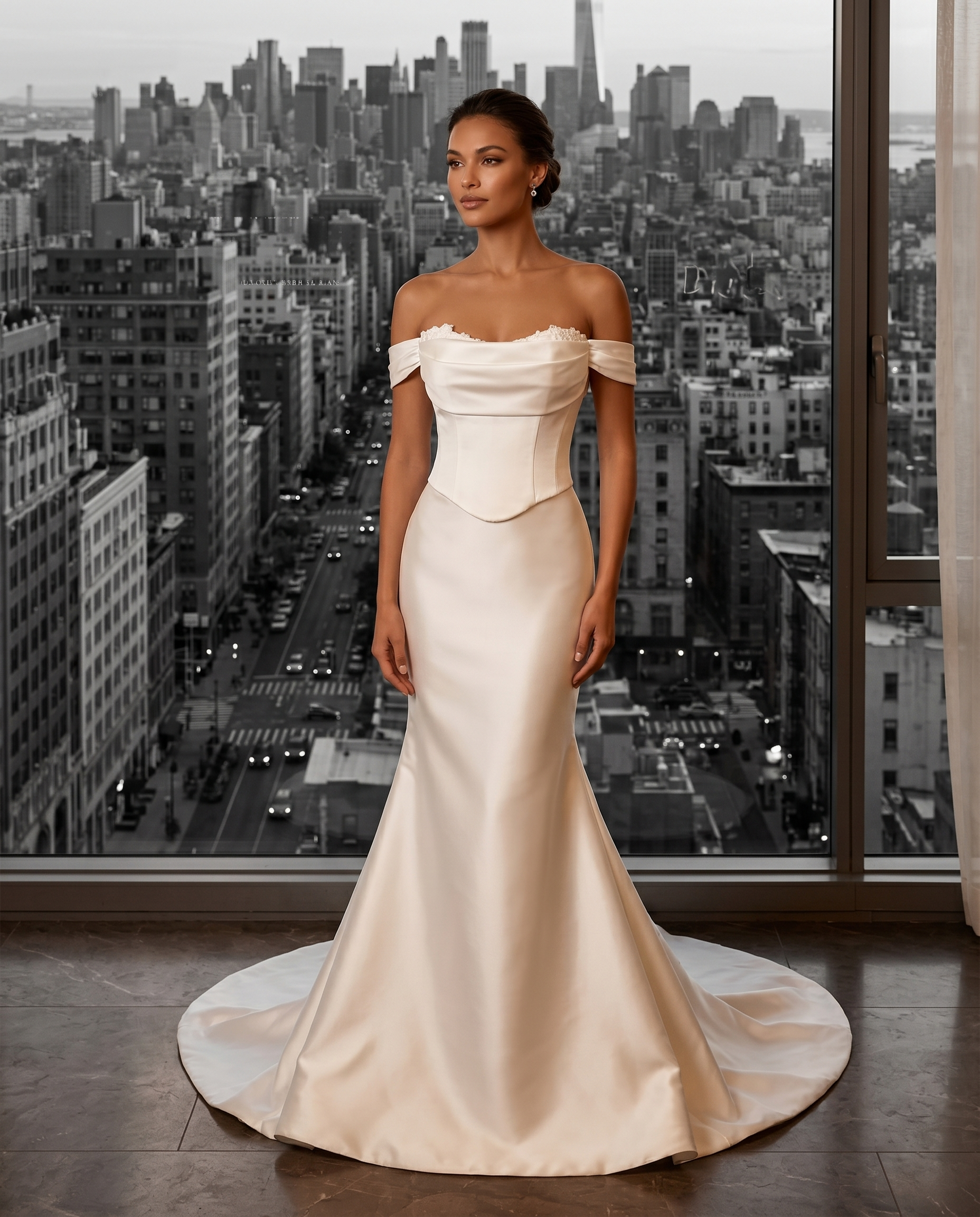 bride standiing in window with city scape background. Off shoulder arm drape and fit and flair bridal skirt