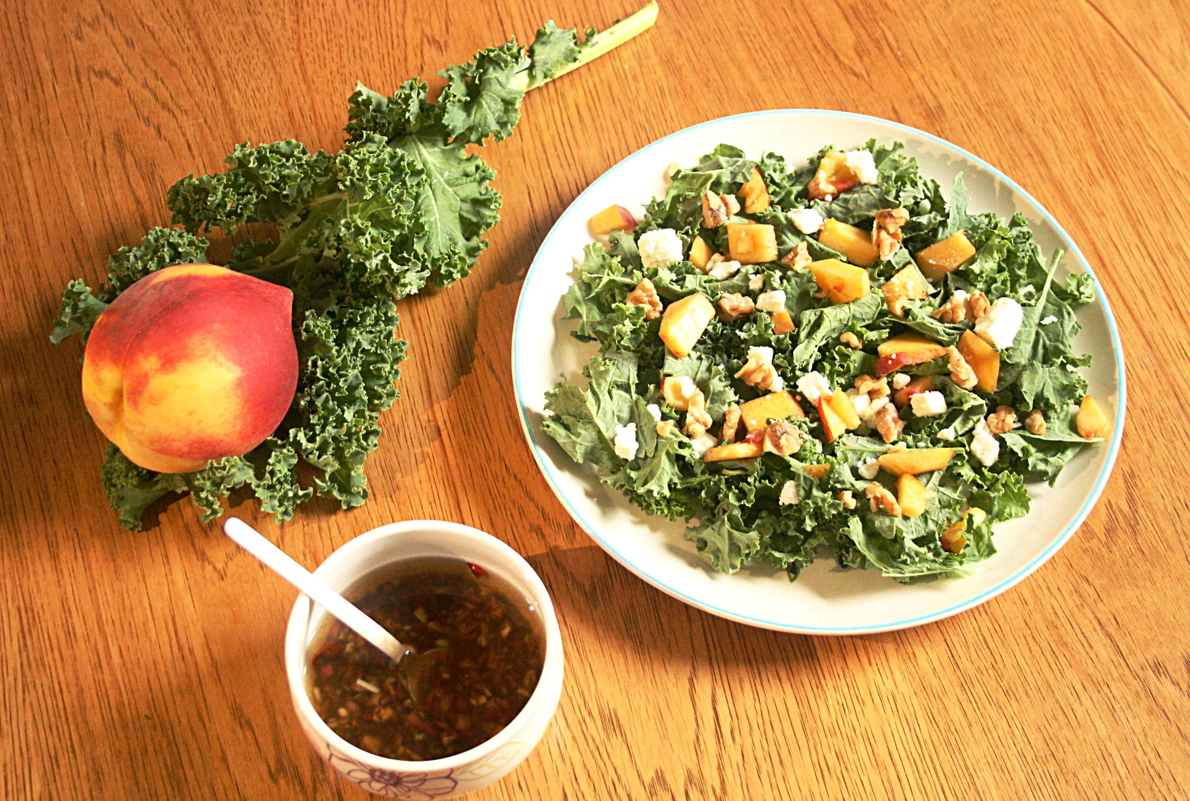 Kale, Peach & Walnut Salad with Spicy Vinaigrette