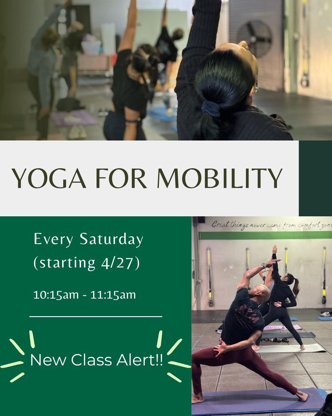 Attention!! New class alert!! Every Saturday at 10:15am, there will be a Yoga for Mobility Class with Instructor Sam Esver! This class will connect movement with breath. You will be guided through a sequence of poses that will help improve balance, c