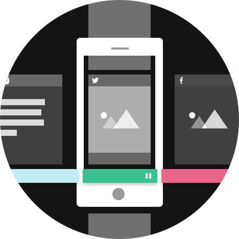 A vertical timeline based Interface, showing next artist and song. Horizontal scroll on cards for social posts. Radio player changes channel on swipe left or right