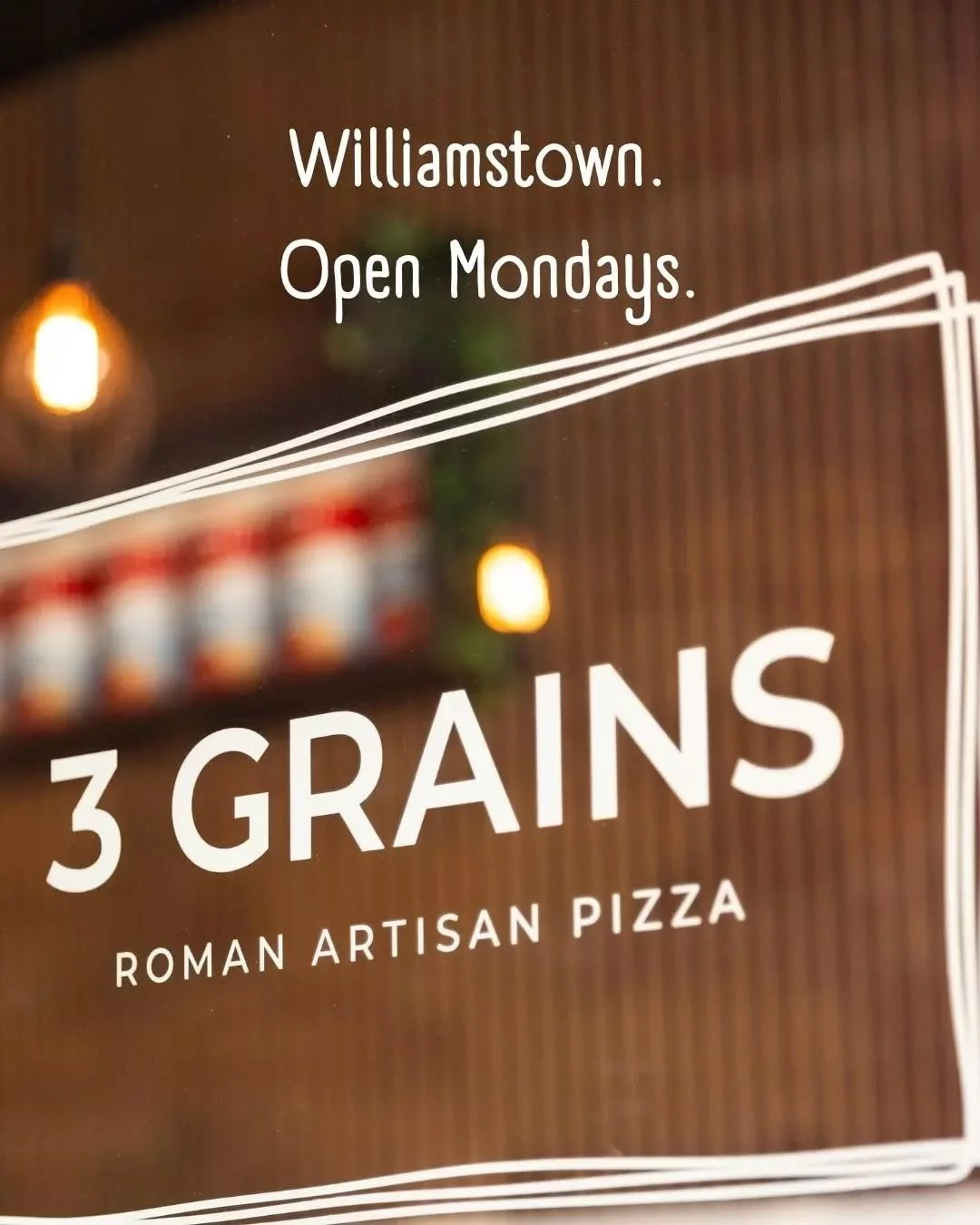 Monday used to be the one day you had to wait. Not anymore. 3 GRAINS Williamstown is now open every Monday.

Roman Monday. $40 per person. Any pizza, paired with a glass of house white, red or tap beer.  Both venues, every Monday.

Come in and let th