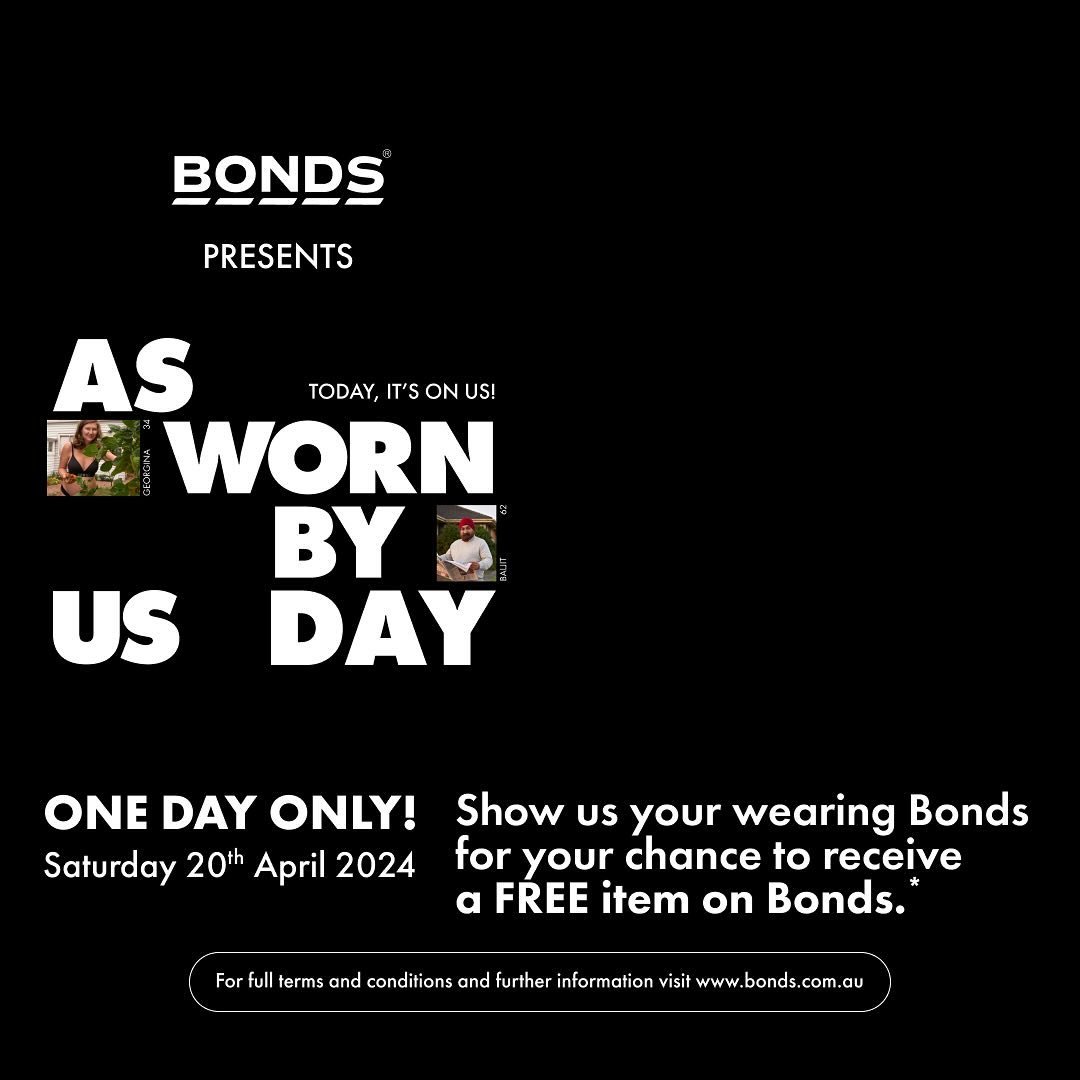 Saturday, April 20th, is &ldquo;As Worn By Us Day,&rdquo; and to celebrate @bondsaus are giving you the chance to receive a free coffee for the first 100 customers to walk through our doors &ndash; don&rsquo;t forget to show us your Bonds to redeem! 