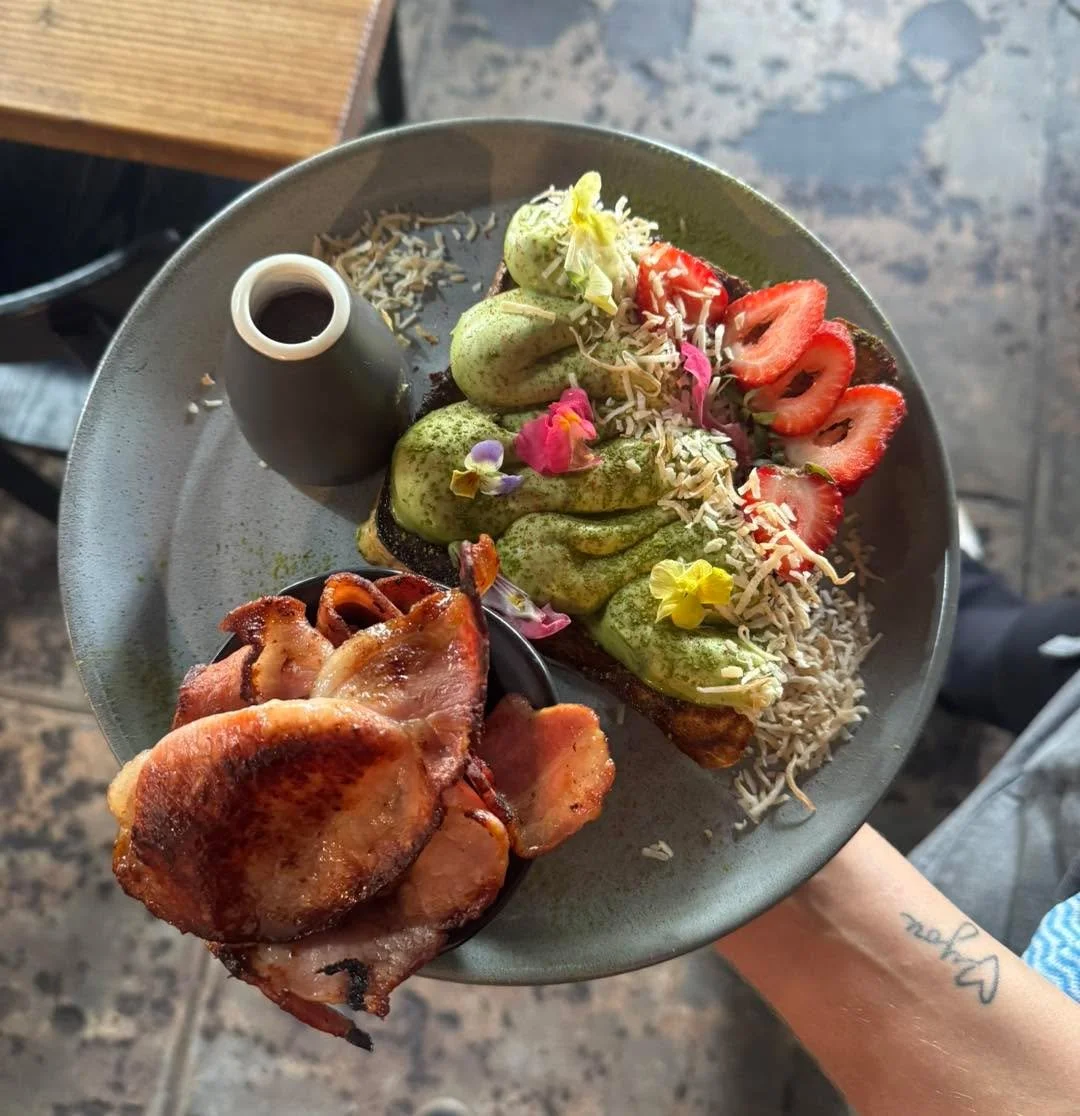 Matcha French toast, with a side of bacon! Always 🖤