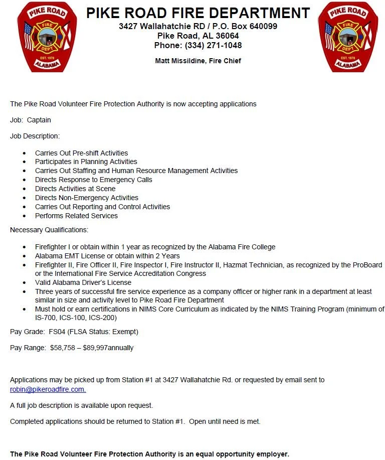 Careers — Pike Road Fire Department