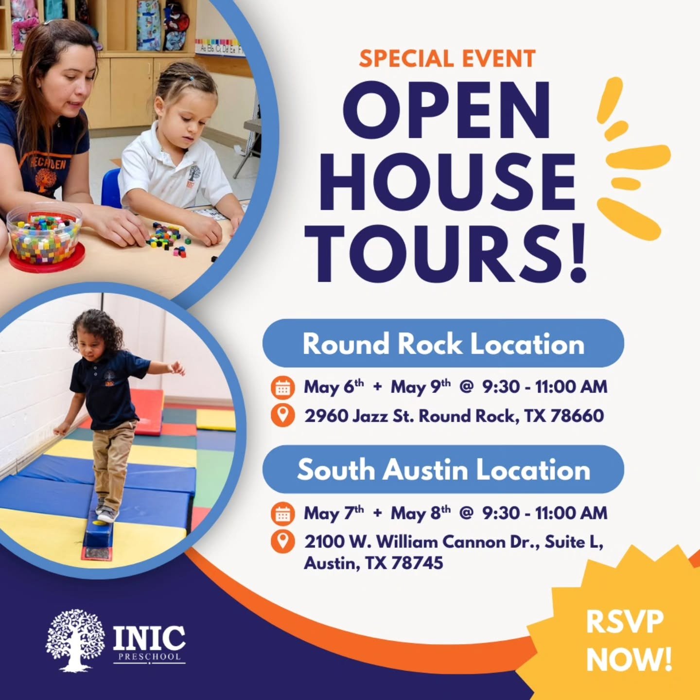 Happy May!

We invite Round Rock and Austin families with kids ages 0-5 to join INIC Preschool for open house group tours.

These special events will feature coffee for parents, infant stimulation sessions, storytime in Spanish &amp; Chinese, convers