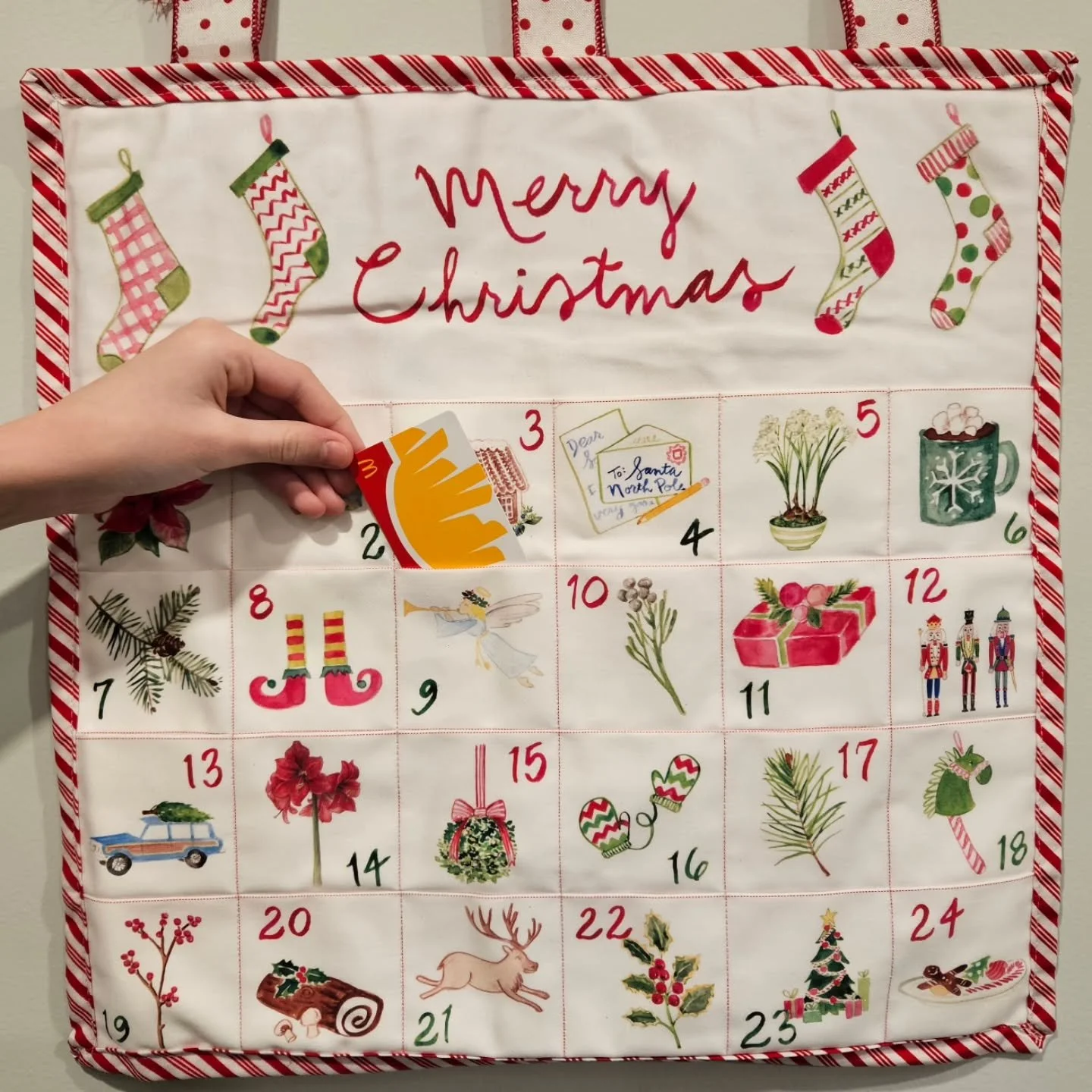 Who wouldn't love a daily treat?!✨️
Hand-painted watercolor images are printed on fabric and assembled into this advent calendar keepsake.  A special annual tradition of holiday surprises for young &amp; old.  Fill these pockets with sweets, dog trea