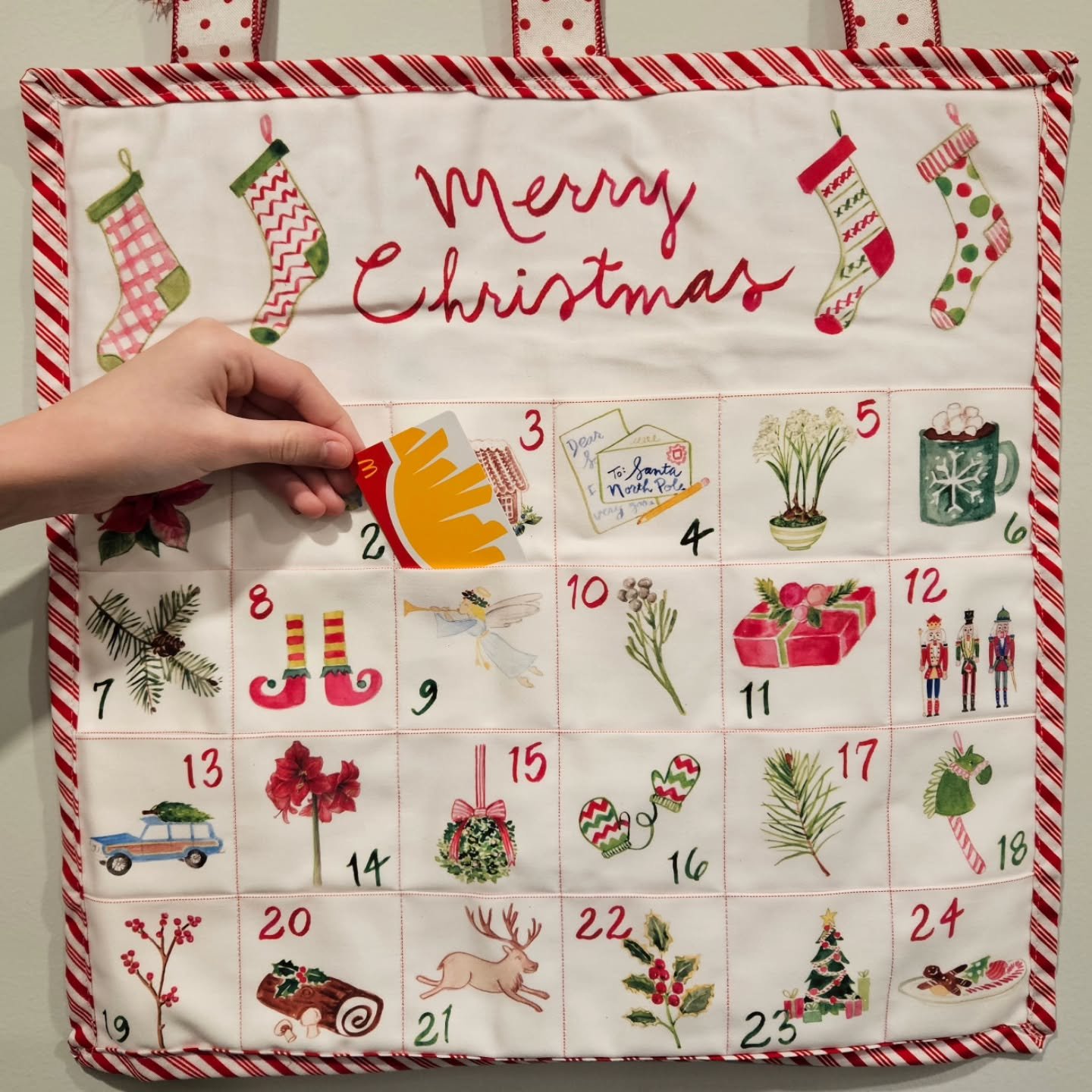 Who wouldn't love a daily treat?!✨️
Hand-painted watercolor images are printed on fabric and assembled into this advent calendar keepsake.  A special annual tradition of holiday surprises for young &amp; old.  Fill these pockets with sweets, dog trea