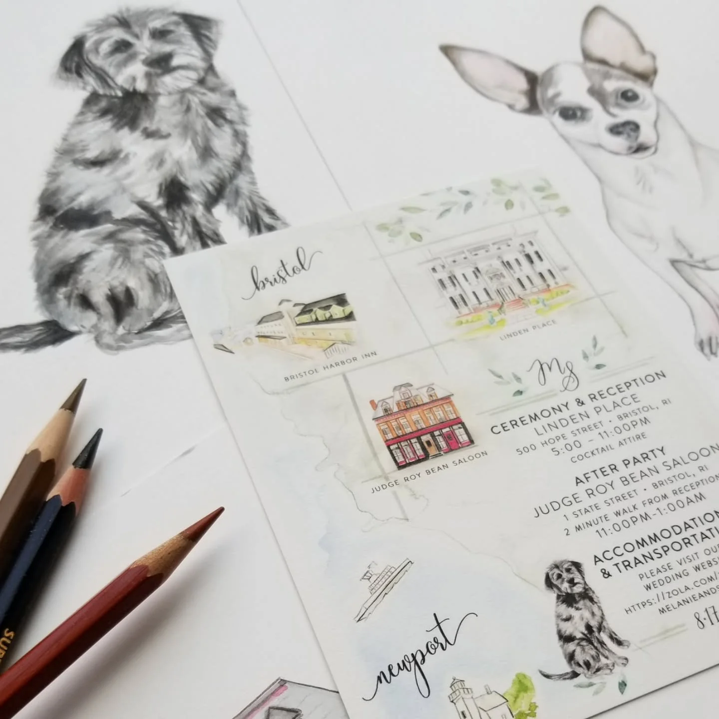 The cutest map created by @prettyinprintct for M&amp;S's Bristol, RI wedding, featuring their venue, after party, hotel and portraits of Zoey and Rico!
.
.
#handpainted #weddingartwork #watercolor #custommap #venuepainting