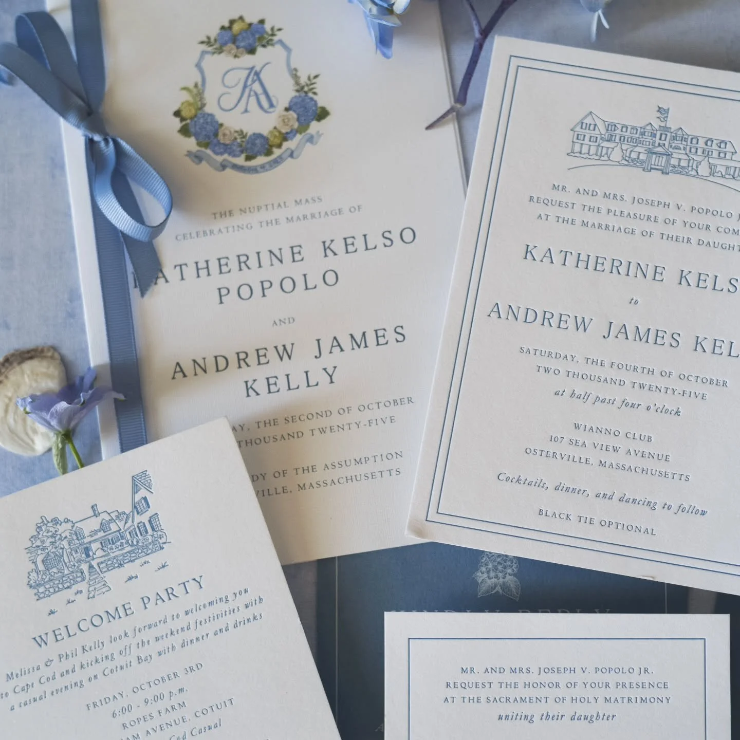 Still gushing over Kit &amp; AJ's exquisite Cape Cod wedding...and the most beautiful wedding invitation suite, program and day-of signage and paper goods by the talented @thepinkpolkadotcapecod...classic design with whimsical flair!
.
.
#customcrest