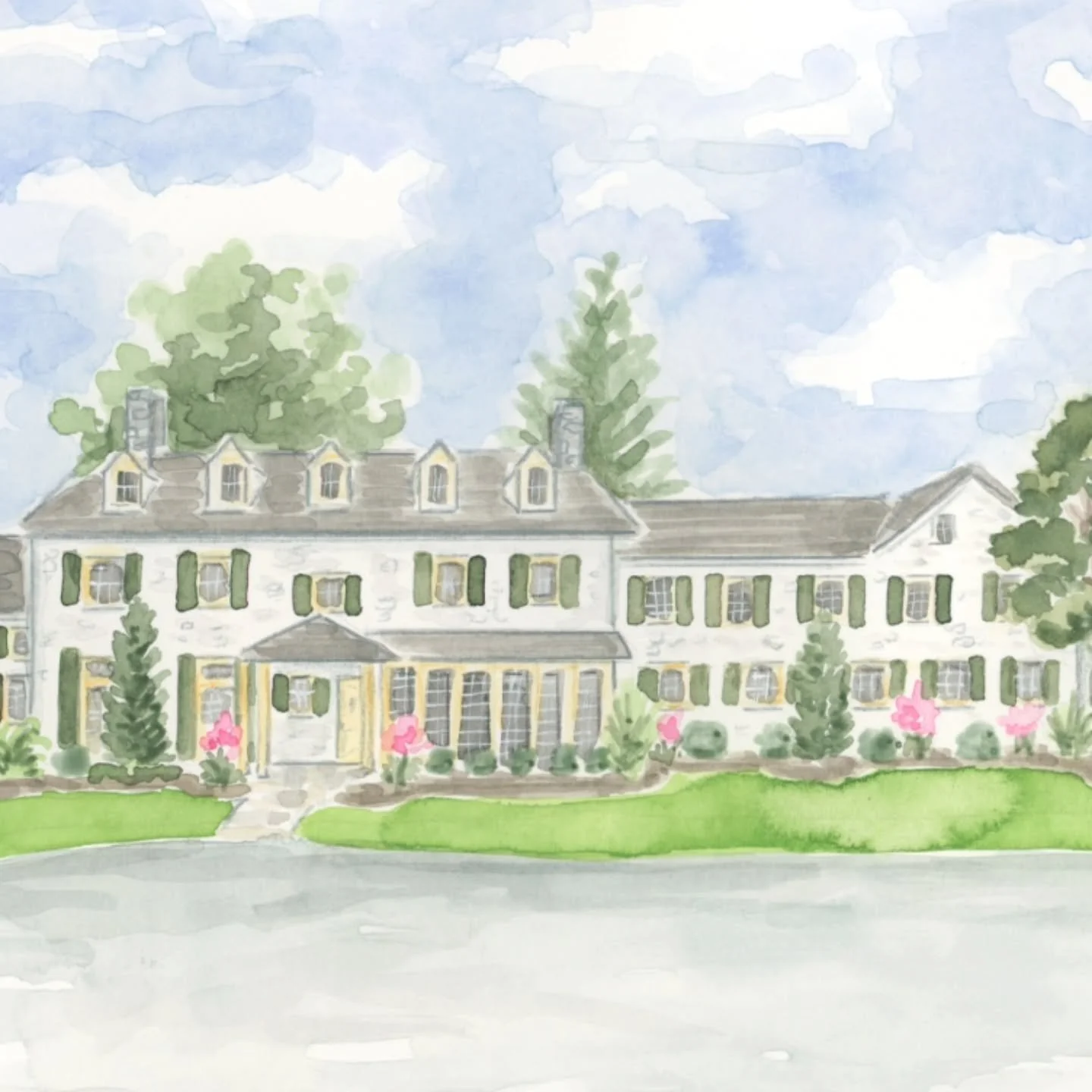 ✨️A springy watercolor venue painting for A&amp;M's wedding last June at The Philander Knox Estate ~ a historic, beautiful setting inside Valley Forge National Park.
.
.
#handpainted #watercolor #venuepainting #weddingartwork #customartwork