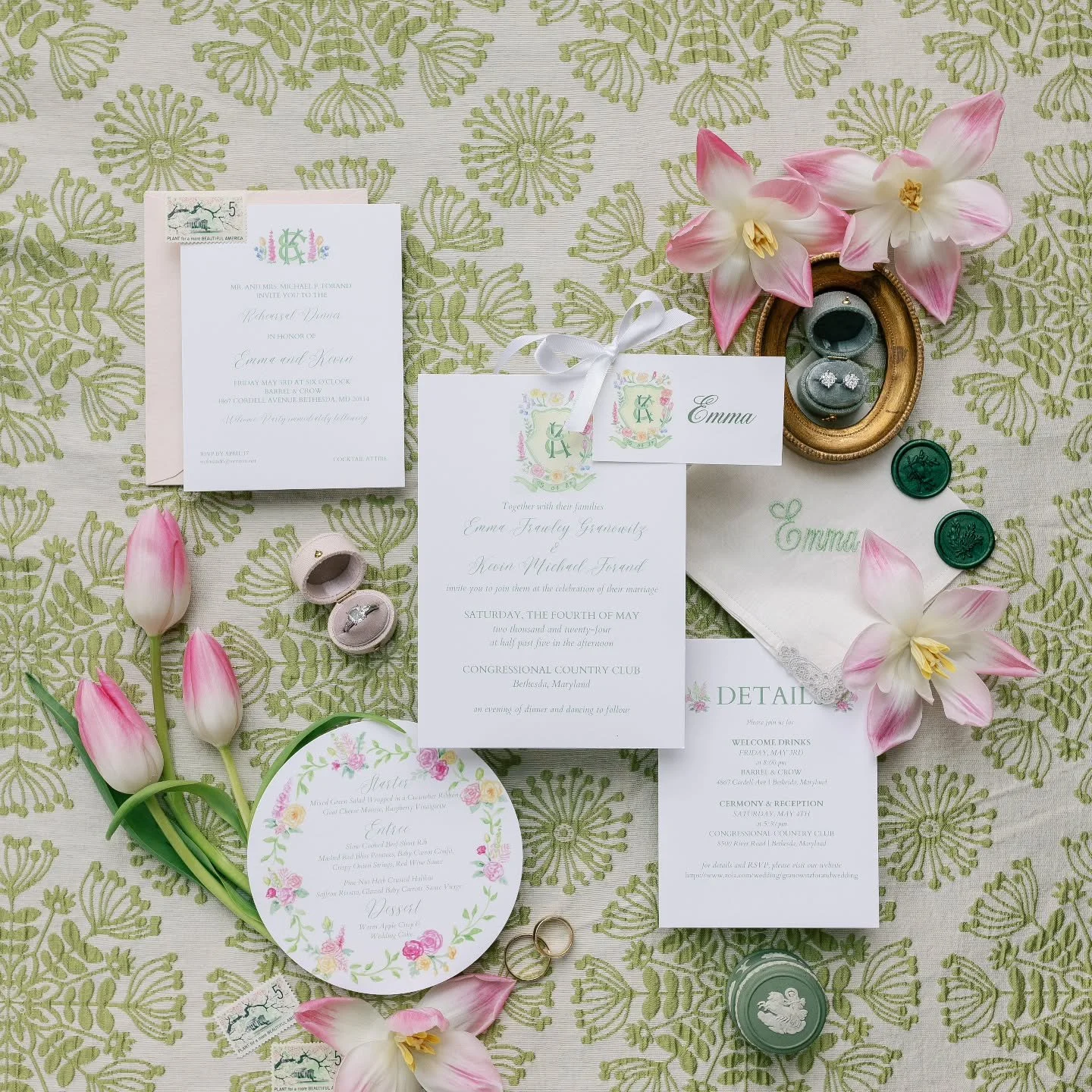 ✨️Happy anniversary to E&amp;K!✨️
Watercolor designs for this pretty suite by @emmagranowitz, photographed by @kir2ben.
.
.
.
#handpainted #watercolor #crest ##customartwork #weddingartwork