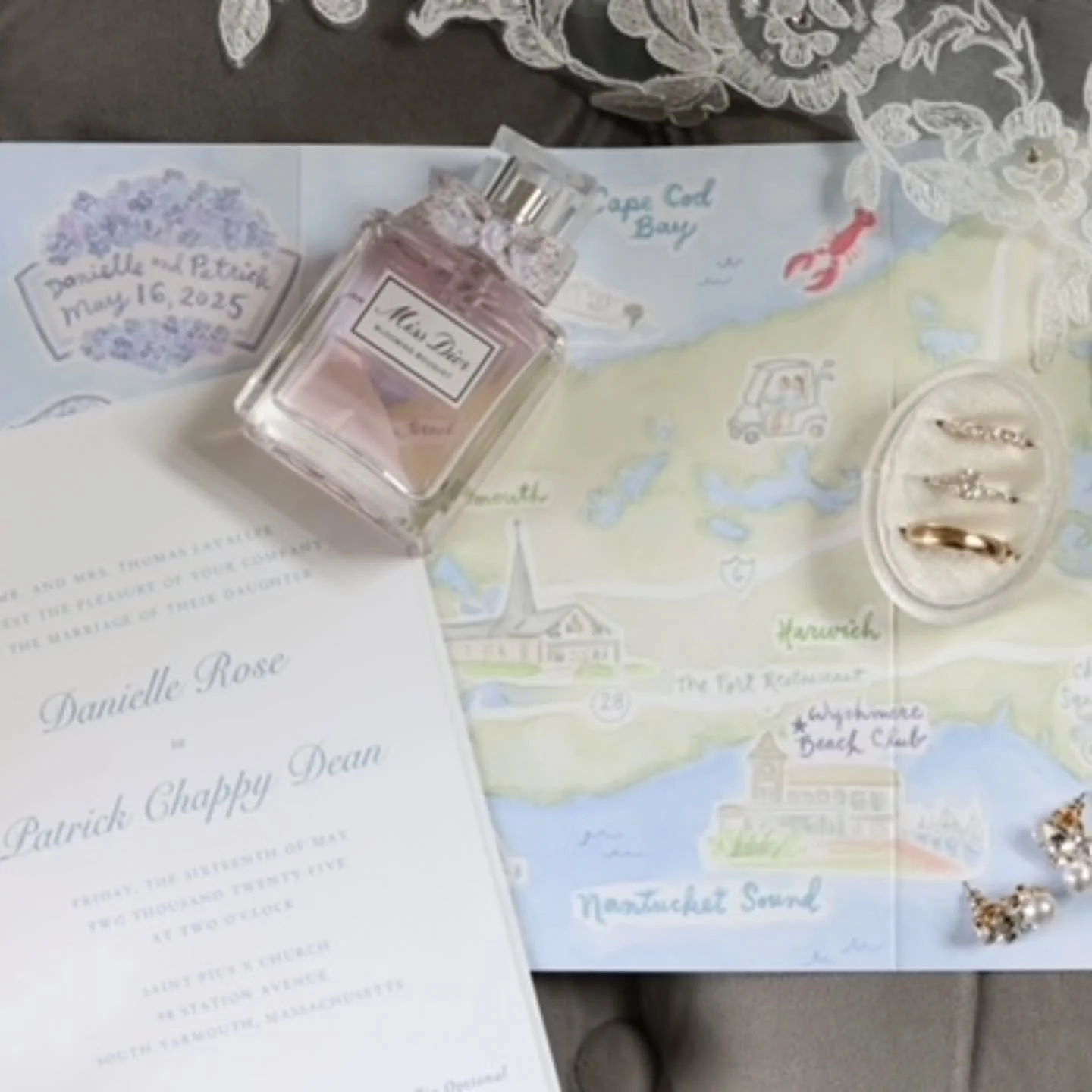 Happy anniversary to D&amp;P ✨️ whose wedding map enveloped their lovely invitation in a gatefold design. 
The custom watercolor map included St. Pius Church, Wychmere Beach Club, their boat, a nod to Endicott College (where they met), a breaching wh