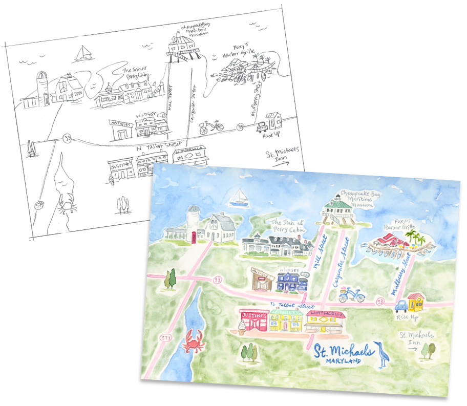 Illustrated map of St. Michaels, Maryland with landmarks