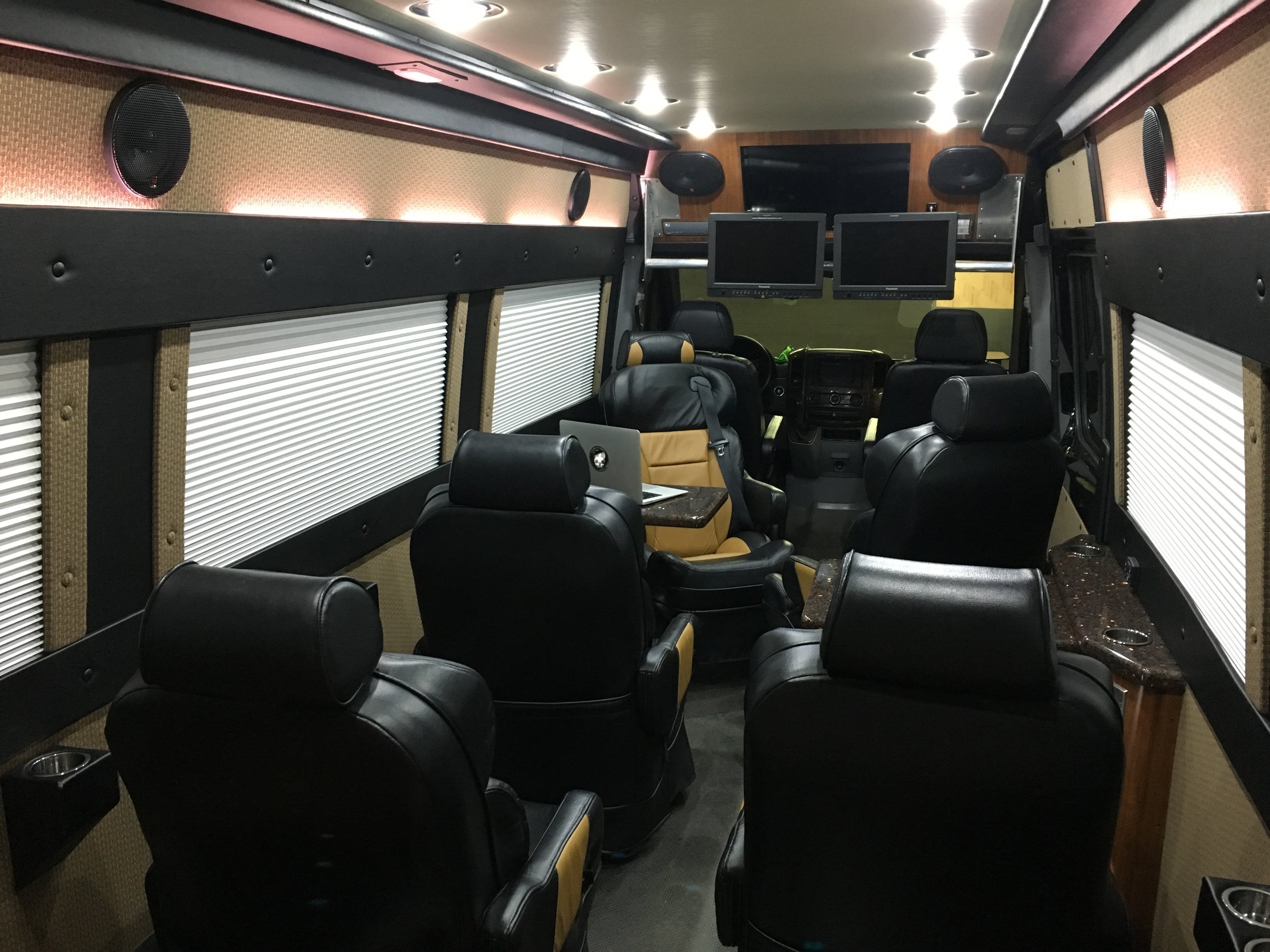 Seating for 9 adults.  Executive Van, Client Van, Video Village Van, Chase Van, Command Van.