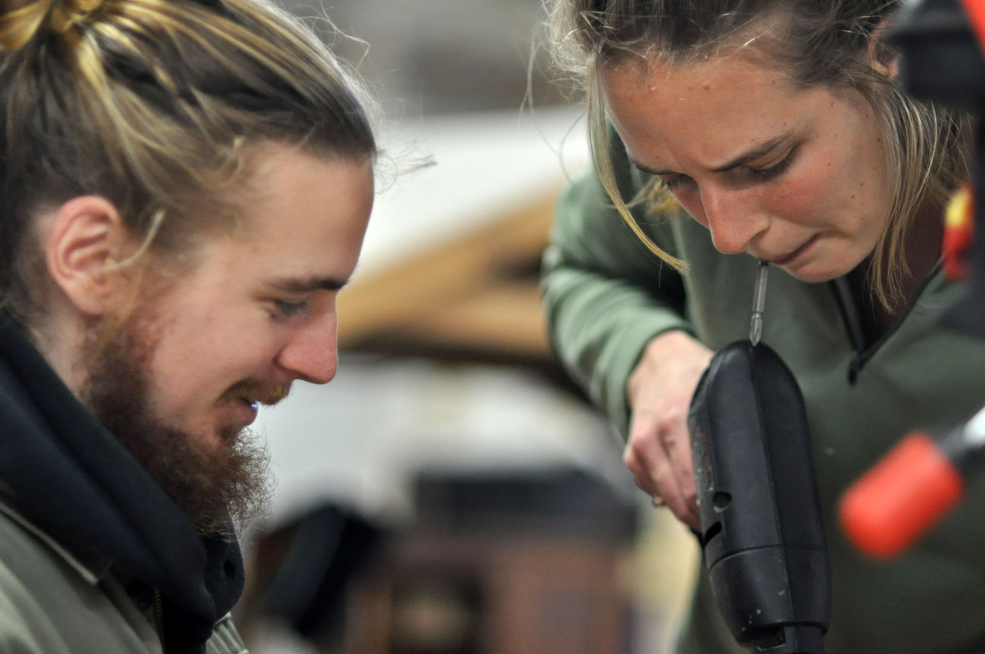 Bar Smith and Hannah Teagle of Maslow CNC work on a project.