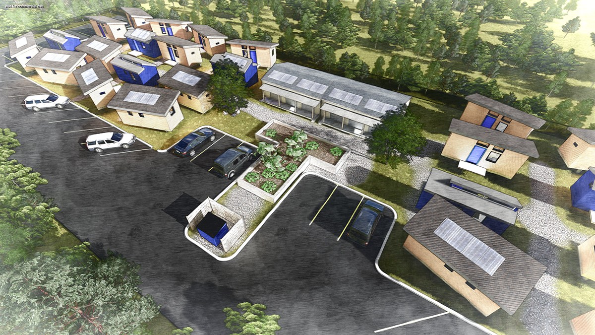 A sketch of the proposed Housing First Village shows tiny houses grouped around a community resource center. Photo: Montana State University School of Architecture
