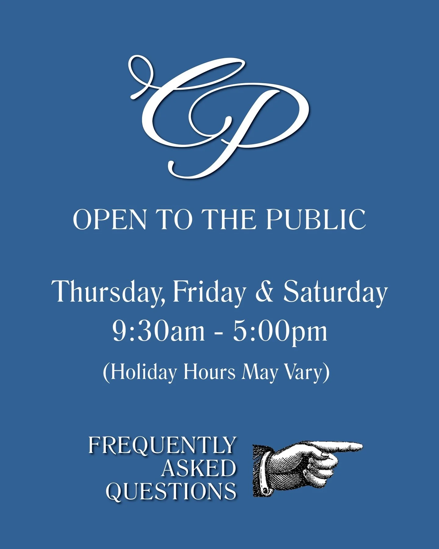 ✨Frequently Asked Questions✨

At Charles Phillips, we strive to bring our customers the best experience and service. Here are a handful of the &ldquo;Frequently Asked Questions&rdquo; to help plan your visit.