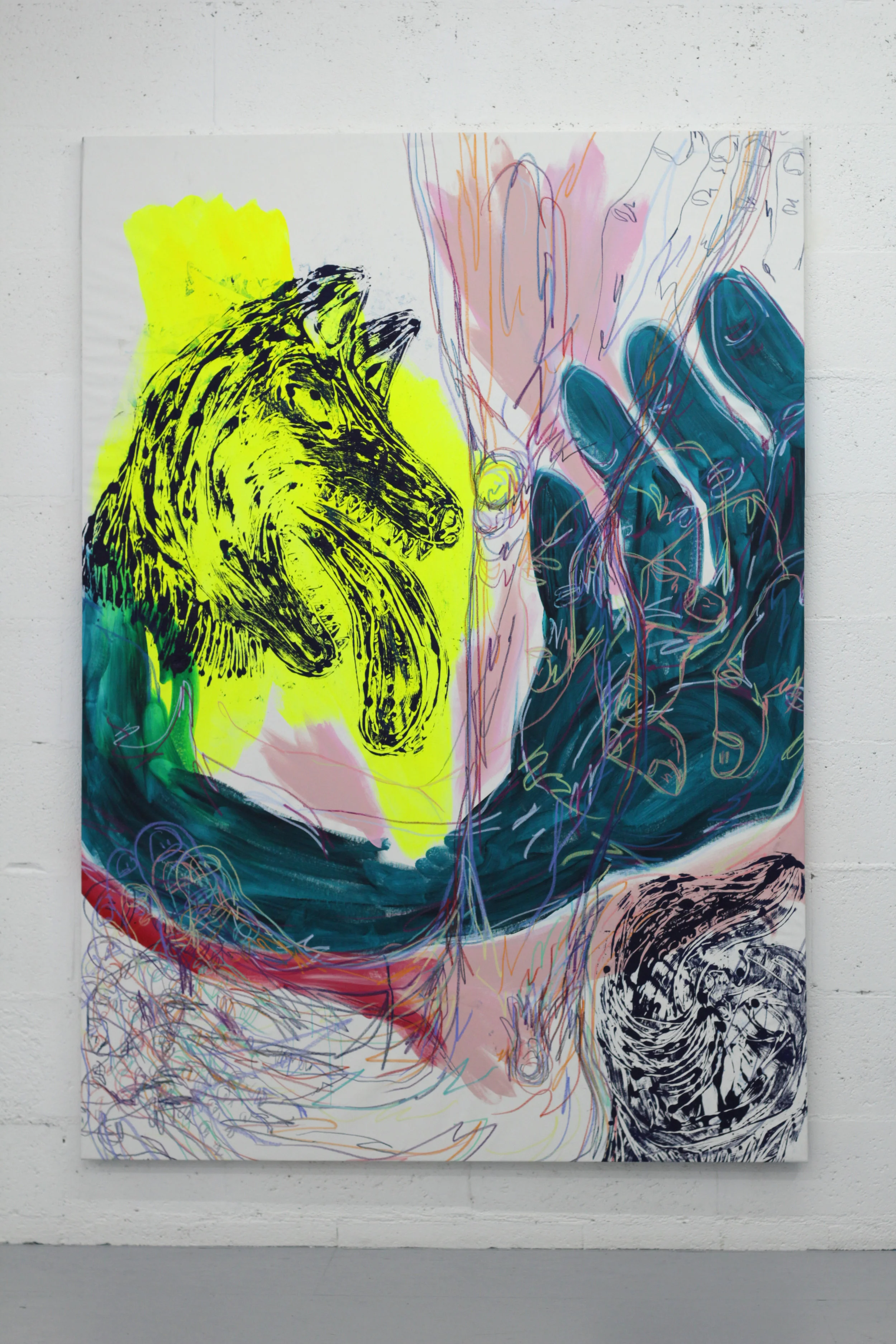 Cécile Guettier, Pendant que j’y réfléchis encore un escargot me dépasse, techniques mixtes, monotype, encre, acrylique, pastel gras, 200x160cm, 2018