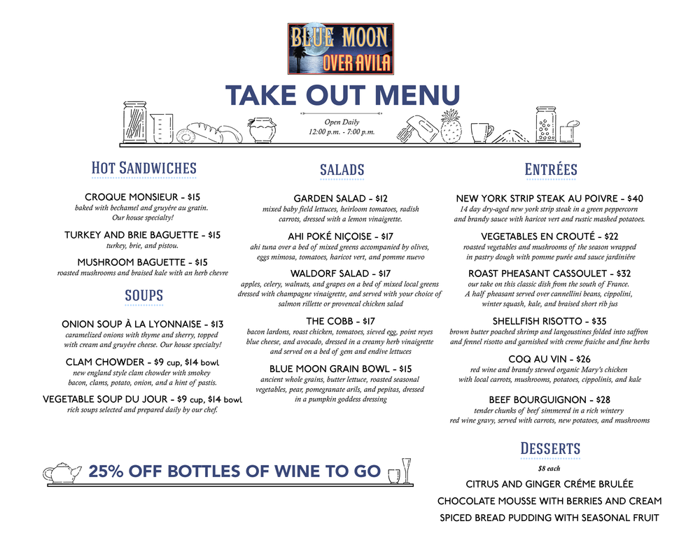 Take Out Menu Blue Moon Over Avila
