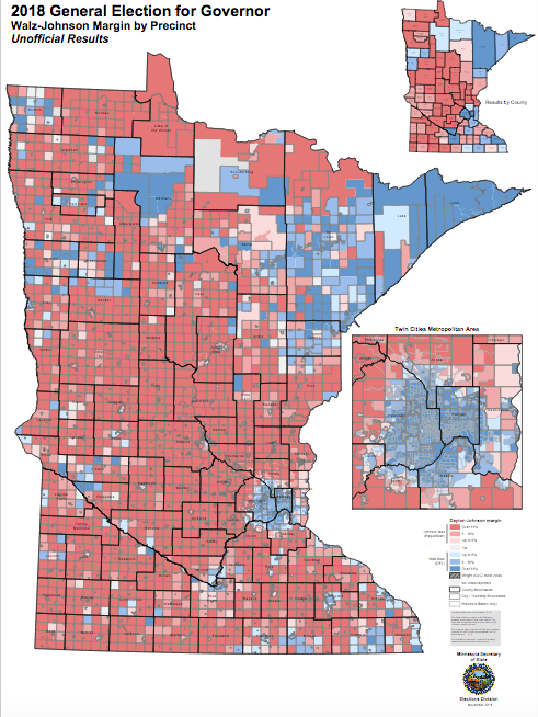 2018 Governor’s race, Margin by Precinct, from Minnesota Secretary of State.