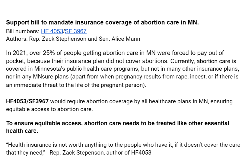 Support bill to mandate insurance coverage of abortion care in MN. 