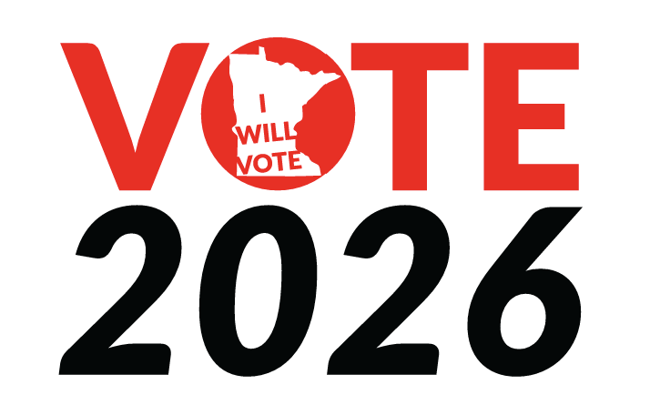 VOTE 2026. Inside of the "O" in Vote there is an outline of the State of Minnesota that says "I will vote"