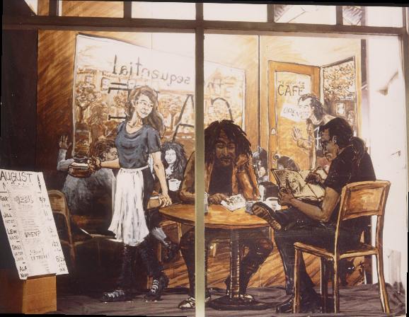  August Cafe. Photo by Dennis McGovern. Art by Chris Hsiang. All characters (c) their respective owners. Done for a series of August signings: Jill Thompson, Lewis Shiner, Alan Grant, Garth Ennis, Dave McKean.   