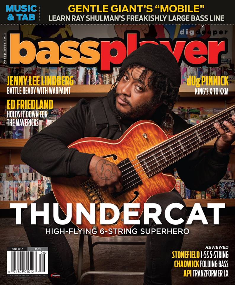  This is  Thundercat.   He’s an awesome bass player; and this cover to BASSPLAYER magazine has our racks in the background 