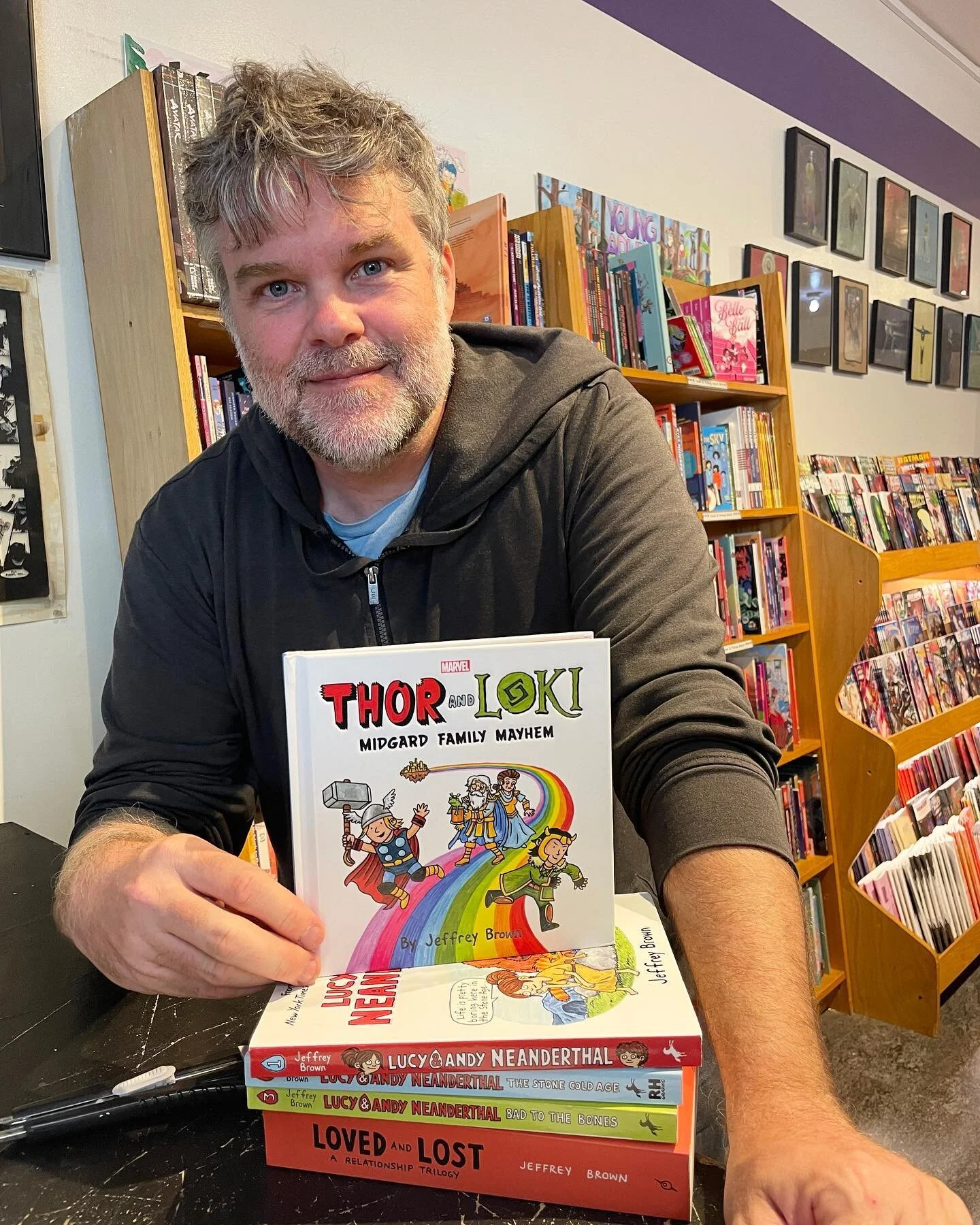@jeffreybrownrq dropped by today with some goodies for his new book Thor and Loki Midgard Family Mayhem + was kind enough to sign a few others too 🖊️ 

@cartoonartmuseum is hosting a signing tomorrow night, and exhibiting the original art all summer