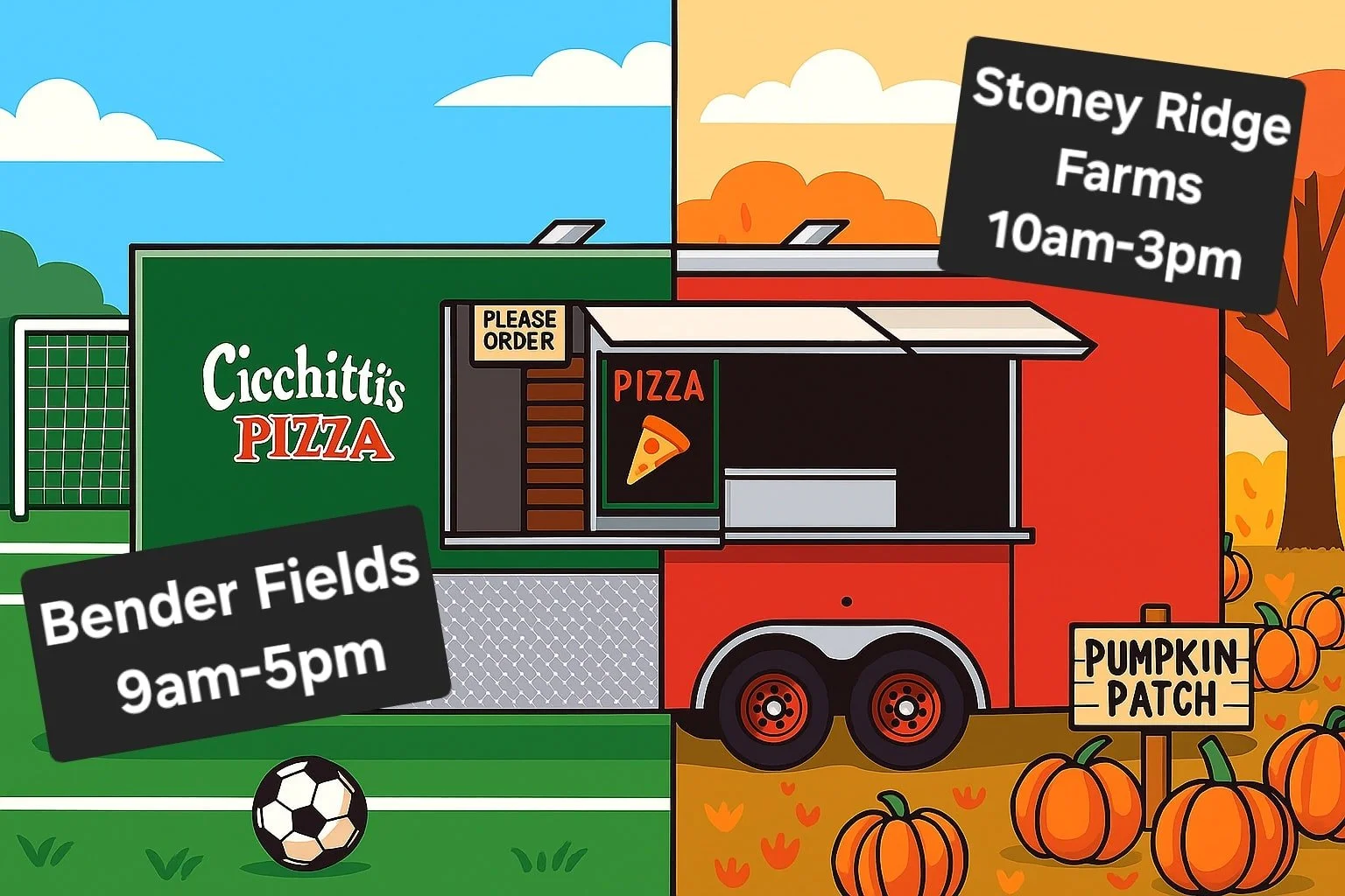 Its Saturday and we are out and about! Come find us! 
⚽️➡️ Bender Fields Rebel Soccer 9am-5pm or end of games
🎃➡️ Stoney Ridge Farms 10am-3pm