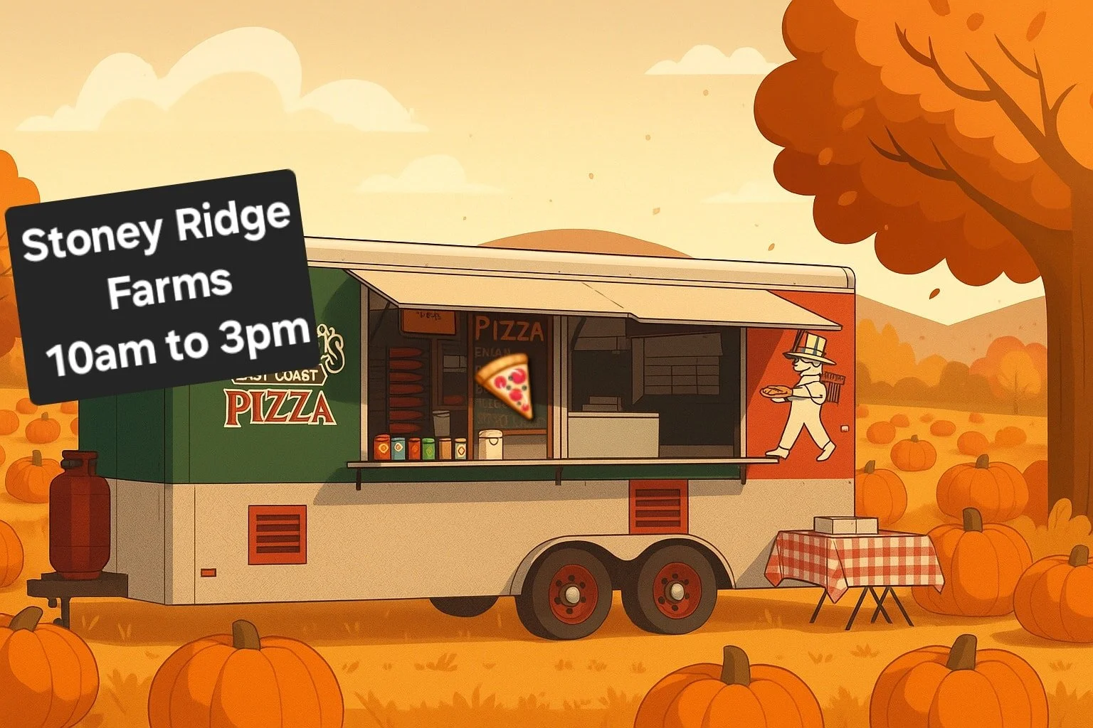 It is Saturday, and we will be at Stoney Ridge Farms today from 10 am to 3 pm. Come pick out a pumpkin, ride the tractor ride, run through the corn maze, and eat some pizza!