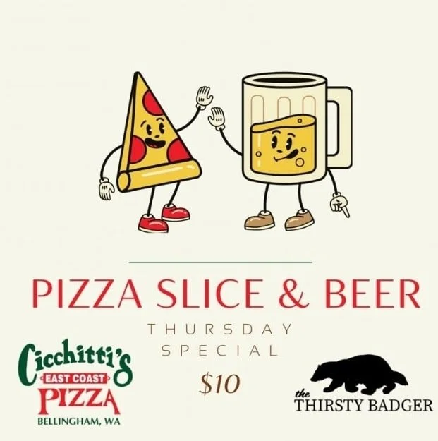 It's Thursday, and we will be at The Thirsty Badger tonight from 4:30pm-7pm. Come on down and pick up a whole pizza on your way home or stay for our in-house special with the Badger, a slice, and a beer for just 10 bucks! 

Call ahead to place your o