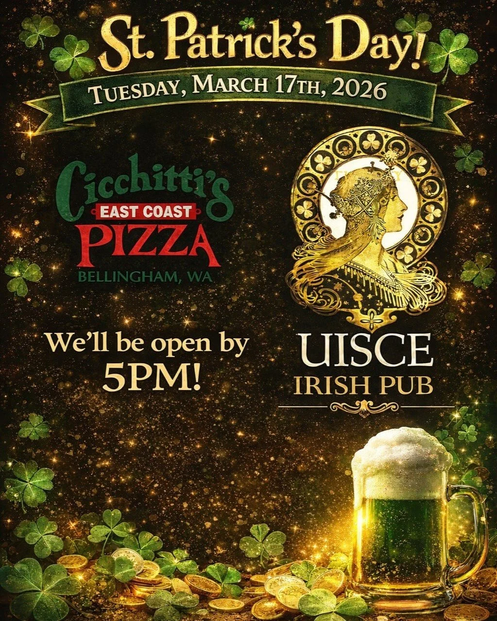 Tomorrow is St. Patrick's Day, and we will be in Bellingham to celebrate with you all! We will be celebrating with our favorite Irish pub in Bellingham, Uisces Irish Pub!  We will be ready by 5 pm!

🚨➡️ We will not be at Loca Mocha, we will be back 
