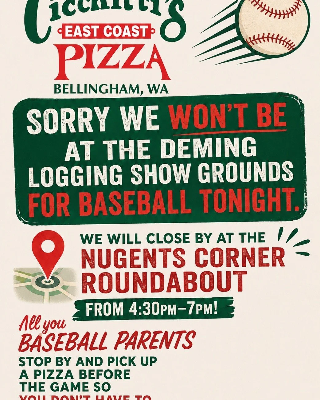 Tonight, all of you baseball parents come on over to the Nugents Corner roundabout tonight and pick up your pizzas! We promise it's worth it! 😎