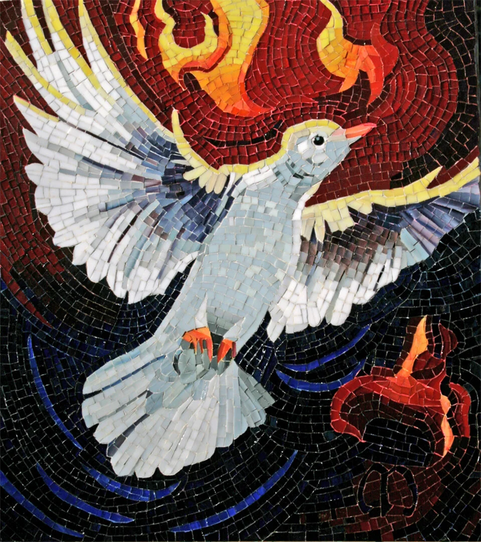 ©2018, Dale R. Molnar, Holy Spirit. Glass tesserae mosaic, 20” x 18”, framed 22” x 20”, $2880.
