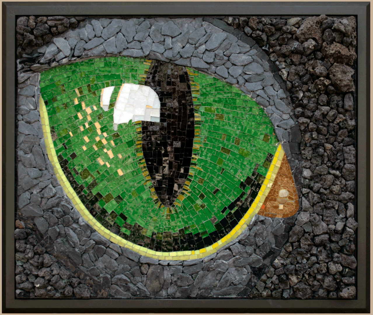©2022. Dale R. Molnar, Slaag Is Watching. Dimensional mosaic: lava, cinders, slate, slag, glass tesserae, left eye panel, 38.5” X 32.5”. 