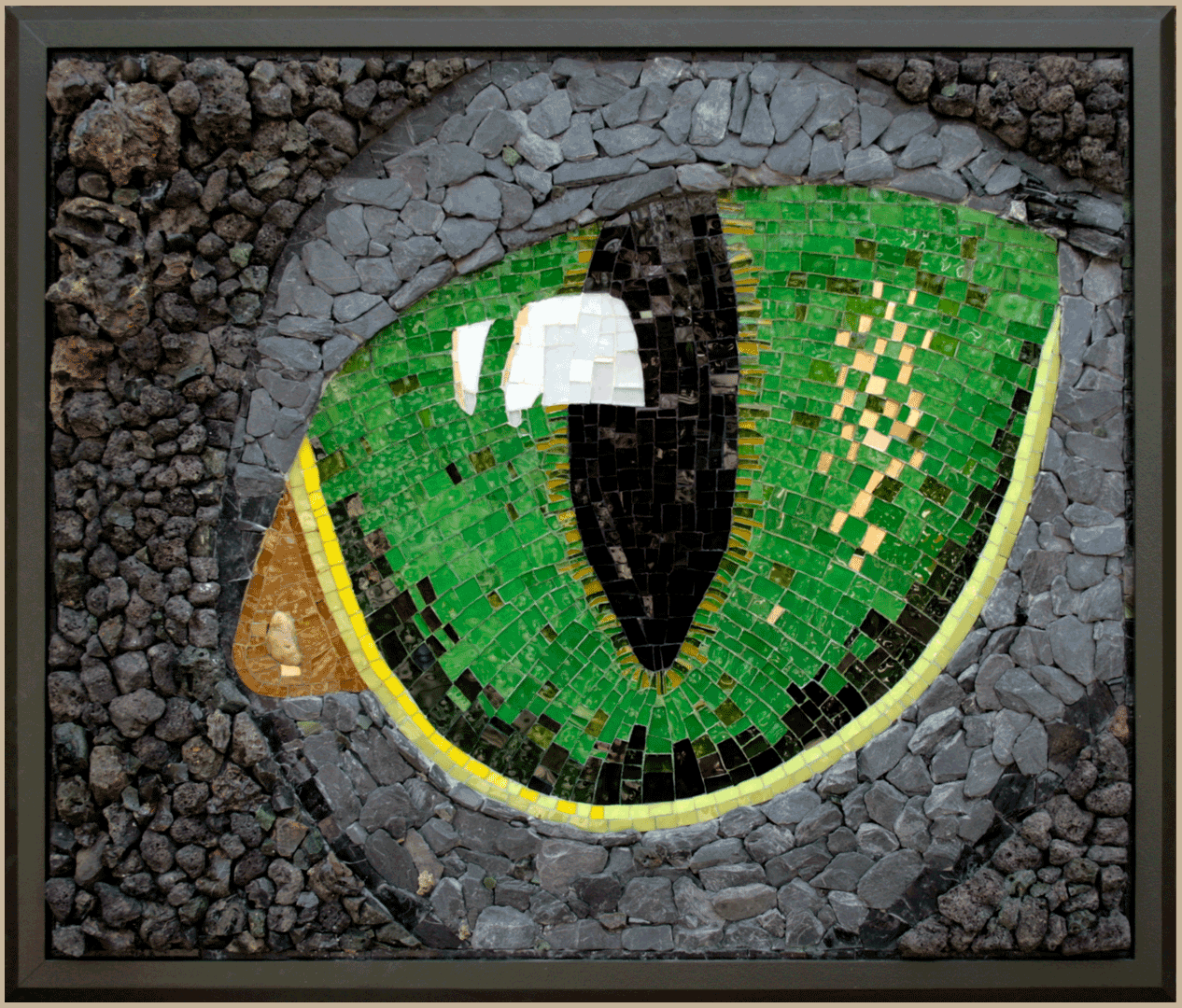 ©2022, Dale R. Molnar, Slaag Is Watching. Dimensional Mosaic: lava, cinders, slate, slag, glass tesserae, right eye panel, 38.5" X 32.5”.