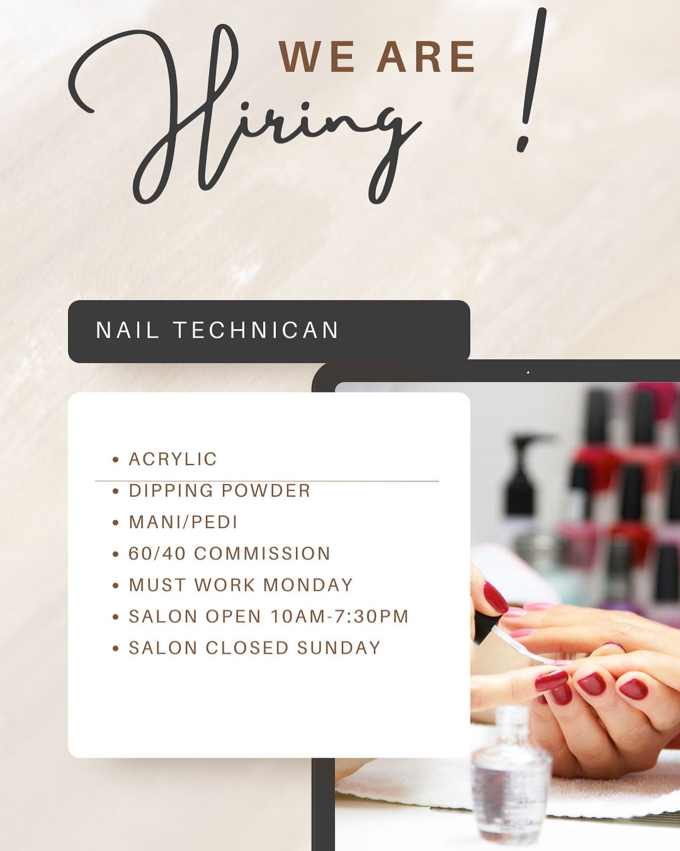 We&rsquo;re looking to add 2 more nail technicans to our team. Please call or message! 

#nailtechneeded