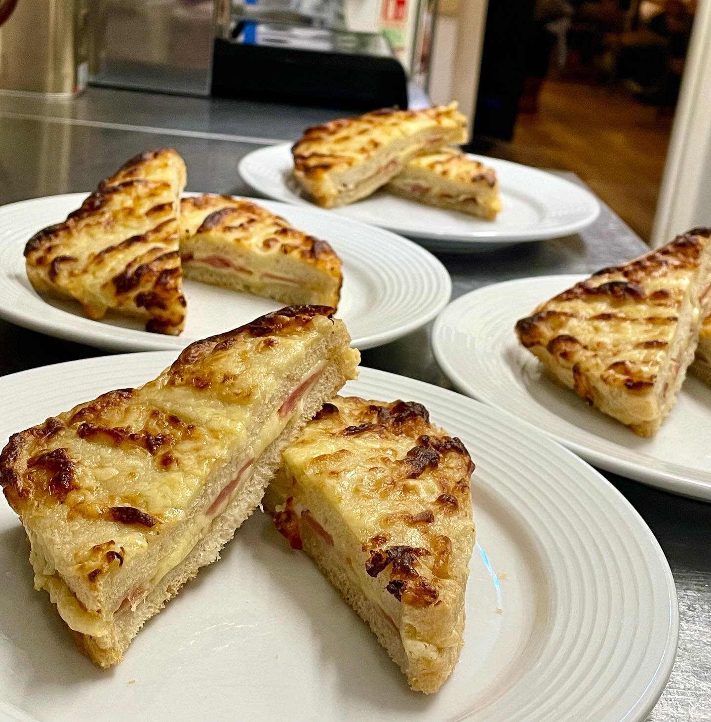 Our croque monsieur makes a great breakfast or snack. Homemade bread toasted &amp; filled with emmenthal cheese &amp; smoked ham then topped with cheesy bechamel. 😋😋😋