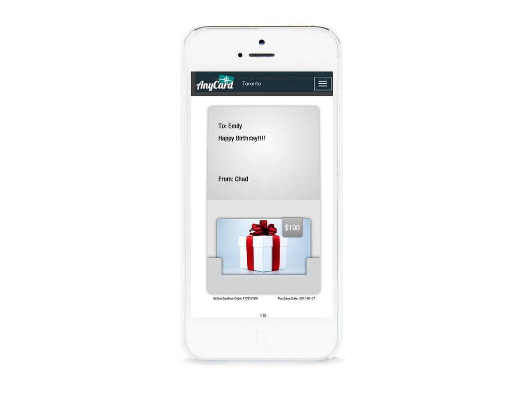 To redeem, customers simply show the e-gift card on their mobile device and the authentication code with the amount being redeemed is entered through the AnyCard web-based login.