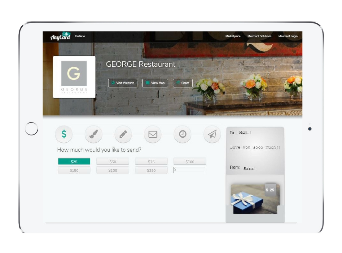 SELL Customers purchase e-gift cards online from a businesses website, social media page or at AnyCard.ca and sends the gift card by email, text or Facebook Messenger. E-gift card funds are instantly transferred to the business using Stripe.