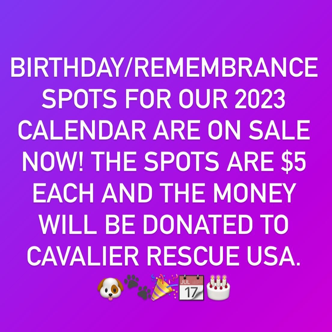 It&rsquo;s the time of year again furrriends!!! 🥳🗓 Please help us reach our goal! The spots are $5 each and the funds will be donated to @cavalierrescueusa @cavalierrescueusatn . An email was sent Friday afternoon with all the info you&rsquo;ll nee