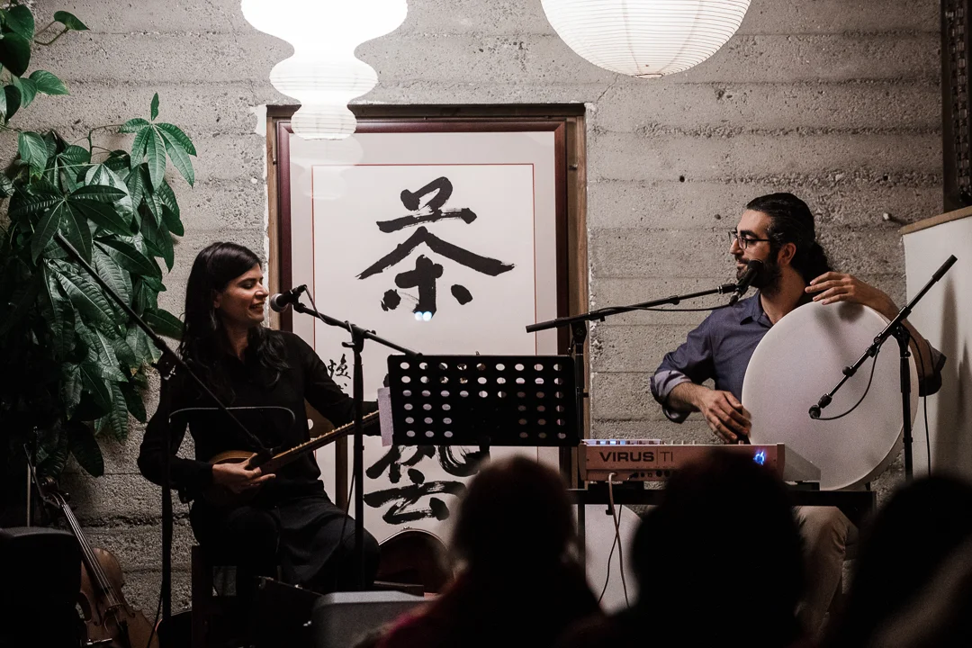 Saideh and Khatch perform at Far Leaves Tea House, Berkeley, California. December 2018