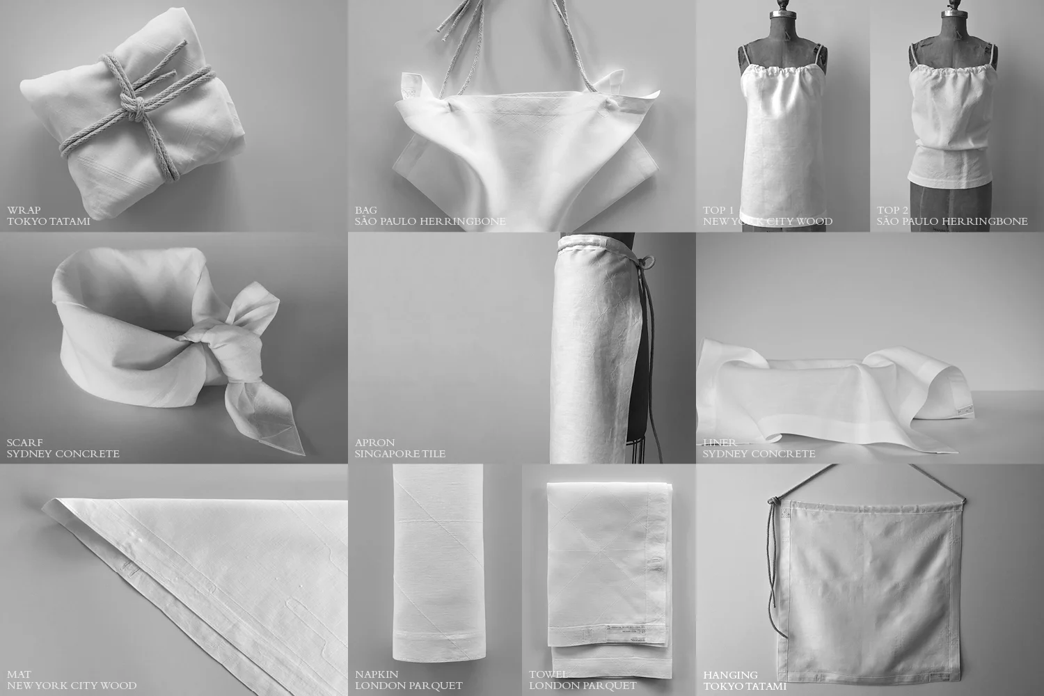 Each OSS Linen can be used in all the ways illustrated in The Dining Room and more. 1 linen x 11 functions for cover and for carry.