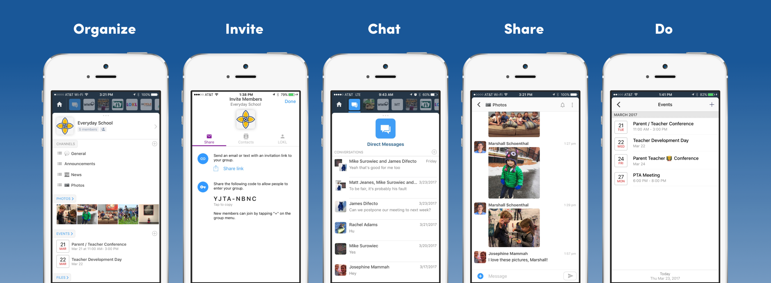 Use the Mazey app to organize, invite, chat, share and do things with your group. Channel-based chat, direct messages, a shared calendar, and shared notebooks let your group stay on the same page at all times.