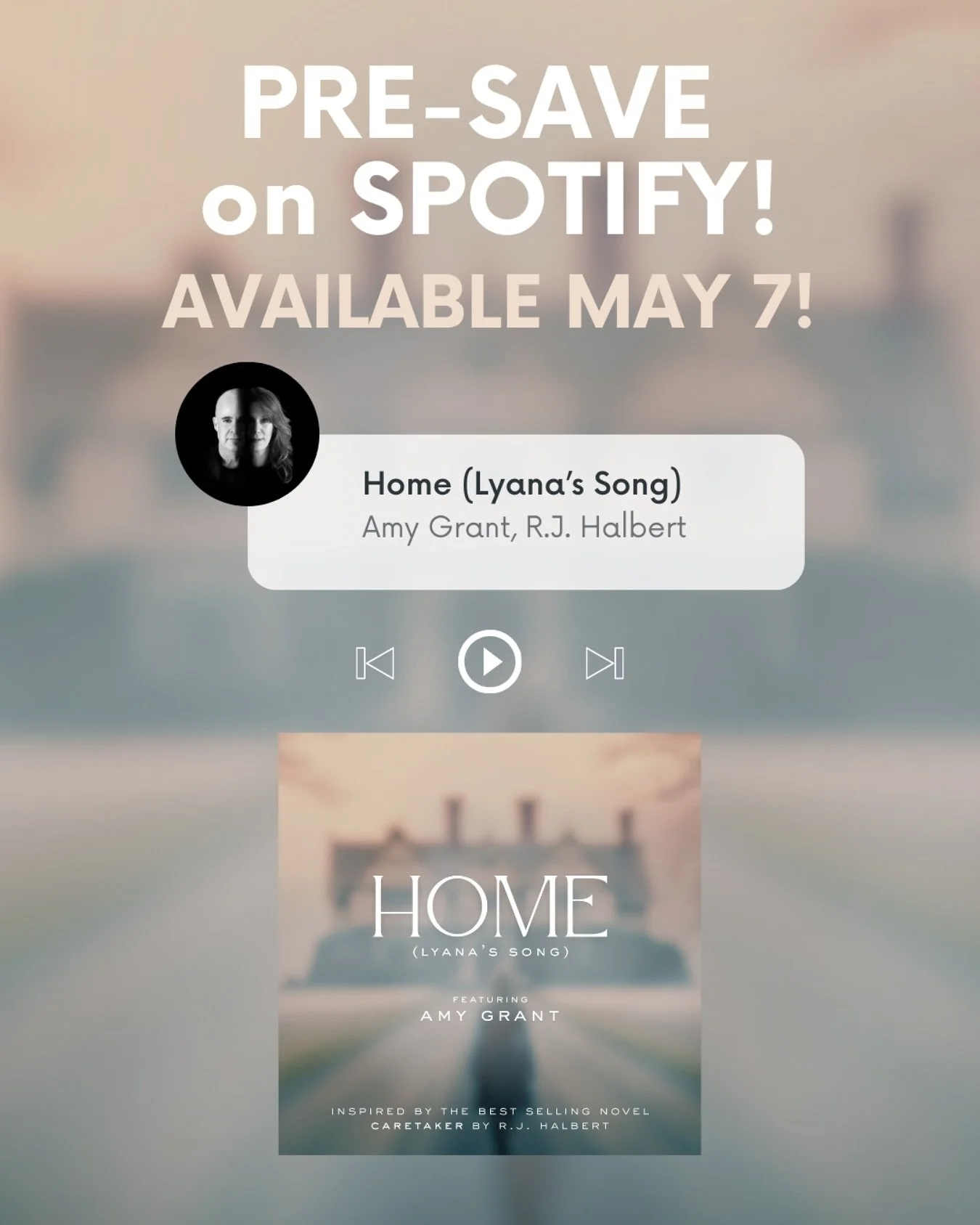 So excited about this. Don&rsquo;t forget to pre-save &ldquo;Home (Lyana&rsquo;s Song)&rdquo; on @spotify! 

Available May 7th alongside Caretaker: The Audiobook 🎧
.
.
.
.
#amygrant #caretakeraudiobook #caretaker #newmusic #rjhalbert