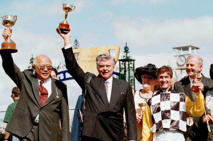 Celebrating Saintly's 1996 Melbourne Cup win with the late Bart Cummings AM & jockey Darren Beadman