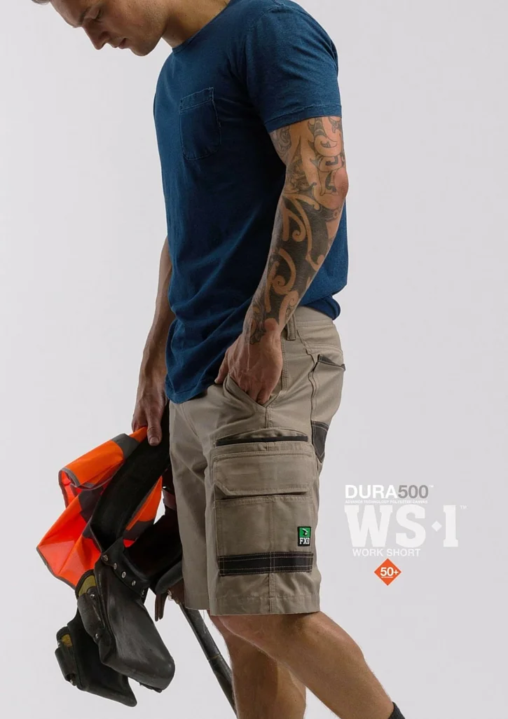 FXD WS-1 Work Short   Features:  - FX01136003 - Regular Fit - Sits On The Waist &amp; Above The Knee - 8.2oz / 280gsm Pre-Shrunk 100% Cotton - DURA500 Reinforced Pockets - Stretch Back Yoke - Double Layer Internal Pocket Bags - Multiple Utility Pockets - YKK Nylon Zip Fly - Stress Points Bar-Tacks - Triple Needle Stitching - Certified 50+ UVA &amp; UVB Protection