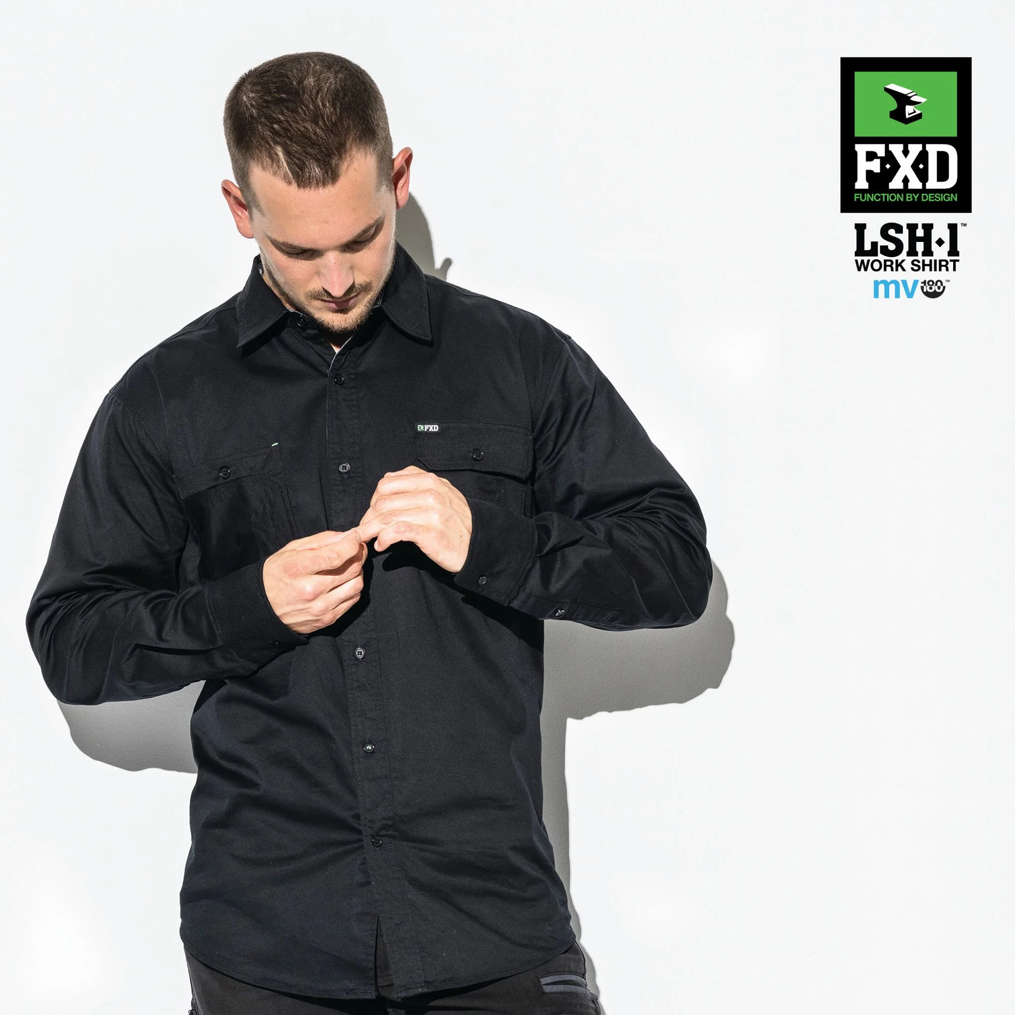 FXD LSH-1 Long Sleeve Shirt   Features:  - TAILORED FIT, 360 DEGREE STRETCH WORK SHIRT - MADE FROM 180 GSM ‘MV-180’ STRETCH COTTON FOR SUPERIOR MOVEMENT AND BREATHABILITY - FEATURES STRESS POINT BAR TACKS, TRIPLE NEEDLE SEAMS AND UTILITY POCKETS